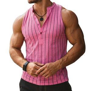 Bulk OEM Men's Vertical Striped Tank Top Sleeveless Button <b>Down</b> Henley Shirt Muscle Fit Breathable Summer Wear Tank Tops For Men - Product Image 3