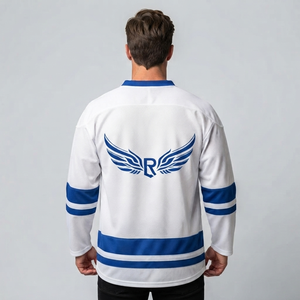 Camiseta de Hockey sobre Hielo a Rayas Blancas y Azules, Cuello en V, Manga Larga, Impresión Sublimada para Niños, Ropa Deportiva de Malla Transpirable - Product Image 3