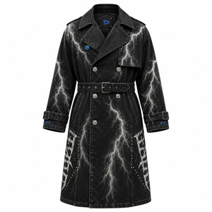 Abrigo largo de mezclilla extragrande Lightning Wash para hombre, estilo gabardina, doble botonadura, negro, streetwear, con cinturón - Product Image 2