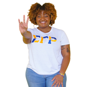 <b>White</b> Sigma Gamma Rho Color Block Greek Lettered T-<b>Shirt</b> <b>White</b> <b>Women's</b> Casual Sorority Tee <b>Short</b> <b>Sleeve</b> Graphic <b>Shirt</b> Custom - Product Image 1