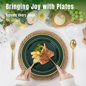 50 Platos de Plástico Verde y Dorado, Vajilla de Plástico Verde para 350 Invitados con Servilletas Enrolladas, Decoraciones para Fiestas/Cumpleaños - Product Image 3