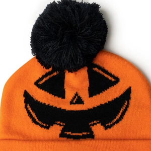 Orange Jacquard Knit Beanie Hat with Black Pom-Pom and <b>Pumpkin</b> Face Design for Adults Unisex Winter Cap Casual Style - Product Image 6