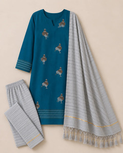 Unstitched Hand Embroidered Jamdani Cotton <b>Kurta</b> Set in Blue With Silver Duptta for <b>Women</b> Available at wholesale Price - Product Image 5