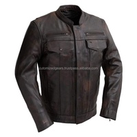 Veste de moto en cuir pour hommes Veste de moto noire robuste en cuir de vachette avec poches zippées Vêtements d'extérieur de motard durables