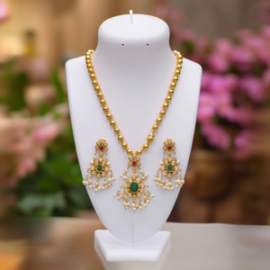 Fashion Jewelry Set Golden Pearls with Guttapusalu Style Pendant and Earrings - Product Image 3