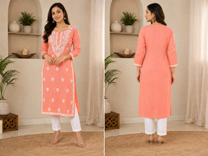 Peach Floral Hand Block Print Cotton <b>Kurta</b> for Women Sleeves Straight Fit Buy Direct From Supplier - Product Image 4