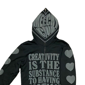 Sweat à capuche zippé Tech Club pour homme, coupe oversize, noir et gris, motif cœur, streetwear, respirant, tricoté, style automne - Product Image 1