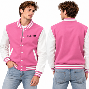 Chaqueta Varsity Rosa para Hombre con Bloques de Color, Transpirable, Cuello Alto, con Botones, Chaqueta Bomber Casual Rosa, Chaqueta Deportiva con Bloques de Color para Hombre - Product Image 1