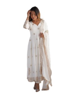 Salwar Kameez en soie blanche, longueur au sol, avec dupatta brodé, tenue traditionnelle indienne et pakistanaise pour mariage, robe Anarkali pour femmes - Product Image 4