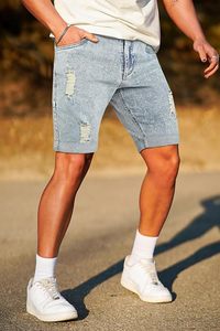 Shorts en jean déchiré délavé pour homme, taille mi-haute, style décontracté d'été, respirant, coupe droite, en coton - Product Image 3
