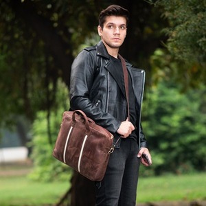 Classic Brown Leather Laptop <b>Briefcase</b> With Shoulder Strap Durable Travel Bag - Brown Leather Laptop Bag - Product Image 5
