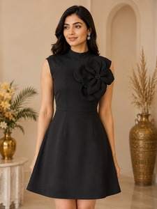 3D Layered Floral Applique <b>Strapless</b> Asymmetrical Neckline Knee-Length Club <b>Dress</b> Premium Imported Fabric - Product Image 2