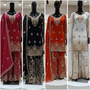 Ensemble Sharara élégant en Georgette blanche avec broderies lourdes, style Antra, infroissable, séchage rapide, tenue ethnique de fête, style pakistanais - Product Image 5
