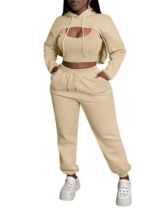 Conjunto de Dos Piezas Personalizado para Mujer: Sudadera con Capucha Corta de Algodón y Pantalones, Estilo Casual Deportivo Urbano, Corte Holgado - Product Image 1