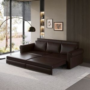 Divano letto Chesterfield King da 238 cm, trasformabile 3-in-1 in ecopelle con finiture a borchie e braccioli arrotolati, modello M - Product Image 4