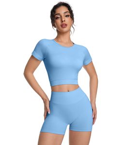 Conjuntos Deportivos para Mujer, 2 Piezas, Estilo Casual de Verano, Shorts con Efecto Push-Up, Camiseta de Cuello Redondo, para Yoga - Product Image 1