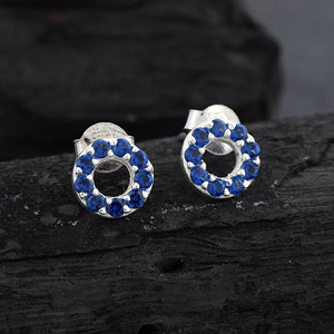 Circle Shape Fine <b>Stud</b> Earrings 925 Sterling <b>Silver</b> Natural Blue Sapphire Gemstone Classic Minimalist Everyday Wear Fine Jewelry - Product Image 2