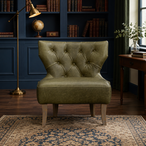 50% OFF Genuine Leather Accent Chair Premium Olive Green Lounge Chair with Solid Wood Legs Luxury Living Room Furniture - Product Image 4