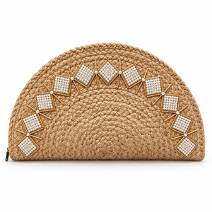 Sac à main demi-lune en jute personnalisable et écologique pour femme, 15x7 pouces, avec perles géométriques et garniture dorée, impression sérigraphique promotionnelle - Product Image 1