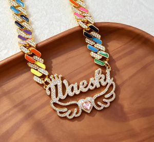 Collar de Cadena Cubana Color Arcoíris, Oro Rosa y Plata, con Colgante de Nombre de Moissanita Creada en Laboratorio, Gargantilla de Eslabones en Forma de Rombo para Fiesta Unisex - Product Image 3