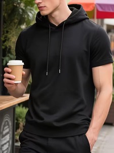 Camiseta de Manga Corta con Capucha para Hombre, Color Gris, Corte Ajustado, Tejido de Algodón, Informal, para Verano, Diseño Transpirable de Color Sólido - Product Image 2