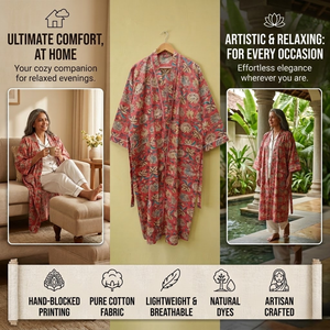 Kimono artisanal en coton rose à fleurs |   Robe de chambre à manches longues et col en V pour femme |   Robe longue en pur coton avec cordon de serrage, un chef-d'œuvre - Product Image 6