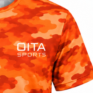 T-shirt camouflage orange pour homme, manches courtes, col rond, imprimé camouflage, vêtements de sport, entraînement, fitness, gym, performance athlétique - Product Image 4