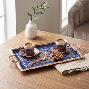 Plateau de service ovale en cuivre artisanal turc, design floral en émail bleu, plateau décoratif de luxe pour la maison, l'hôtel, la salle à manger - Product Image 3