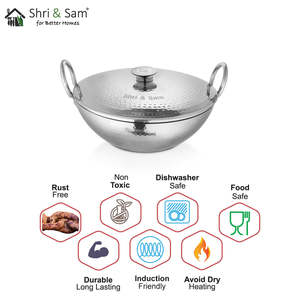 Heavy Weight Hammered Stainless Steel 16 CM Kadhai with SS Lid <b>Cookware</b> - Product Image 2