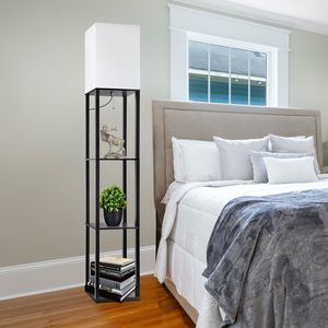 Lámpara de Pie Moderna de Madera con Estantes para Sala de Estar, Dormitorio u Oficina, Acabado Negro, Pantalla de Tela Dorada - Product Image 2