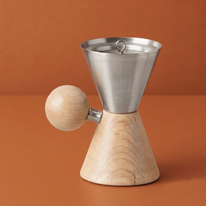 Brûleur d'encens moderne en forme de sablier, alliant base en bois clair naturel et poignée sphérique avec entonnoir en métal argenté élégant, pour parfumer la maison - Product Image 1