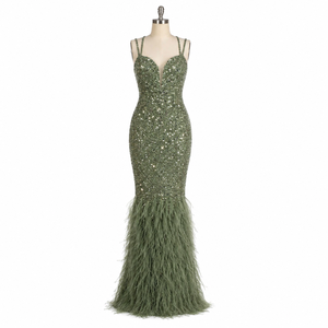 Luxury Green <b>Sequin</b> Mermaid Evening Gown for Women Deep V Neck Feather Hem Bodycon Prom Dress Designer Party Wedding Reception - Product Image 1