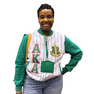 AKA Pinstripe Tech Fleece <b>Jacket</b> Green White <b>Pink</b> Stripe Unisex Casual Zip <b>Jacket</b> Embroidered Letters Fashion Greek Apparel - Product Image 1