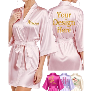 Personalized Luxurious Pink <b>Satin</b> Bridesmaid <b>Robe</b> Short Sleeve Mandarin Collar Knee Length Heat Transfer Printing Back Women's - Product Image 6