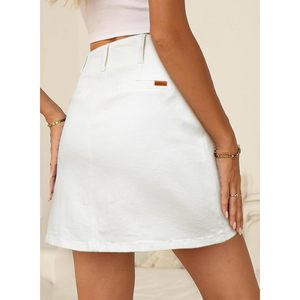 Minifalda vaquera de verano para mujer 2025, mezclilla elástica de cintura alta en Zimbaplatinum, cierre de botones desgastados, bolsillos, longitud Midi - Product Image 1