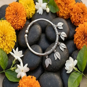 DIVYORO Women's Oxidized Silver Brass <b>Copper</b> Alloy Ethnic Tribal Style Twin Leaf Charm Bangle for Party Occasion KADA - Product Image 2