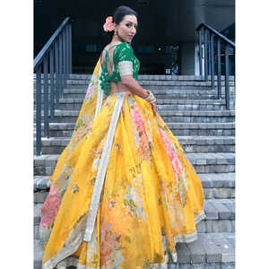 <b>Charming</b> Yellow Floral Printed Organza Wedding Wear Lehenga Choli - Product Image 4