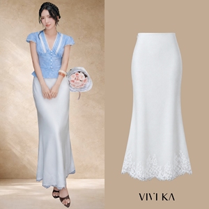 VIVI KA <b>White</b> High Waist Lace Trim Mermaid Maxi <b>Skirt</b> Elegant Solid Fishtail Long <b>Skirt</b> Casual Summer Spring VANESSA - Product Image 1