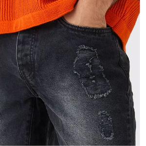 <b>Men's</b> Black Ripped Denim Bermuda <b>Shorts</b> Mid Waist Casual Style With Frayed Hem And Distressed <b>Patches</b> - Product Image 5