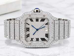 Reloj de pulsera mecánico de lujo personalizado con diamantes cuadrados, correa de acero inoxidable y números romanos para hombre y mujer - Product Image 1