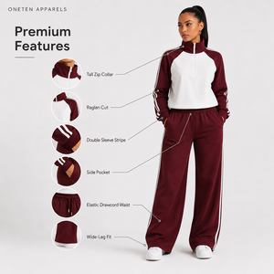 Ensemble de survêtement pour femme ONETEN APPARELS, couleur marron et blanc, blocs de couleur, manches longues, demi-zip, coupe ample, pantalon de jogging avec poches latérales - Product Image 1