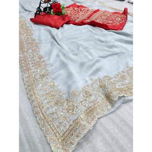 Saree fantaisie en soie brodée Rangoli avec chemisier en soie 100% non cousu couleur blanche - Product Image 2