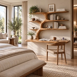 Bureau mural contemporain en bois artisanal Luxali avec étagère en forme d'arbre, plusieurs étagères et tiroir pour bureau à domicile - Product Image 6
