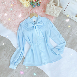 Wholesale <b>Women's</b> Modern Bow Tie <b>Blouse</b> Pleated Ruffle Yoke <b>Long</b> Sleeve Button Front Top <b>for</b> Everyday Office and Boutique Retail - Product Image 6