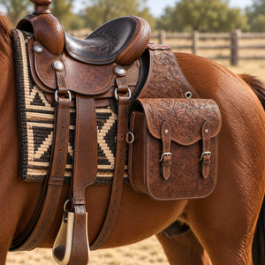 Sacs de selle en cuir pour chevaux de style western |   Pochette de rangement pour selle d'équitation double face avec motif en relief, grande capacité pour les sorties à cheval - Product Image 4
