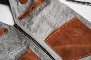 Leather Sleeveless <b>Bib</b> Apron with Multiple Pockets Reusable for Workwear Use Gray and Brown Color - Product Image 3
