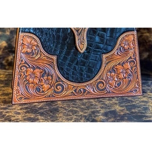 Western <b>Tooled</b> <b>Leather</b> Clutch Purse Black Croc Embossed Handbag Floral Carved Cowgirl Wallet Shoulder Crossbody Bag - Product Image 2
