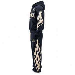 Conjunto de Sudadera con Capucha y Pantalones para Hombre, Estampado de Llamas, Cierre Completo, Ligero, Corte Holgado, Lavado Ácido, Estilo Deportivo de Invierno, Algodón, Superventas - Product Image 3