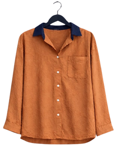 Ensemble deux pièces décontracté pour femme : chemise orange rouille et pantalon large bleu marine en coton et lin – Fabricant OEM personnalisé - Product Image 1