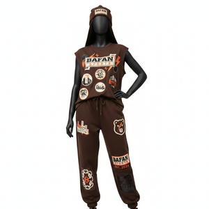 Ensemble pantalon et t-shirt sans manches pour femme en molleton de coton et polyester, marron, avec empiècements contrastants et logo personnalisé imprimé à l'écran – Collections Femme - Product Image 6